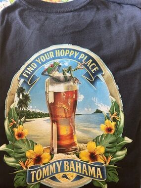 Tommy Bahama hoppy place Black Tee with Blue and Yellow Logo